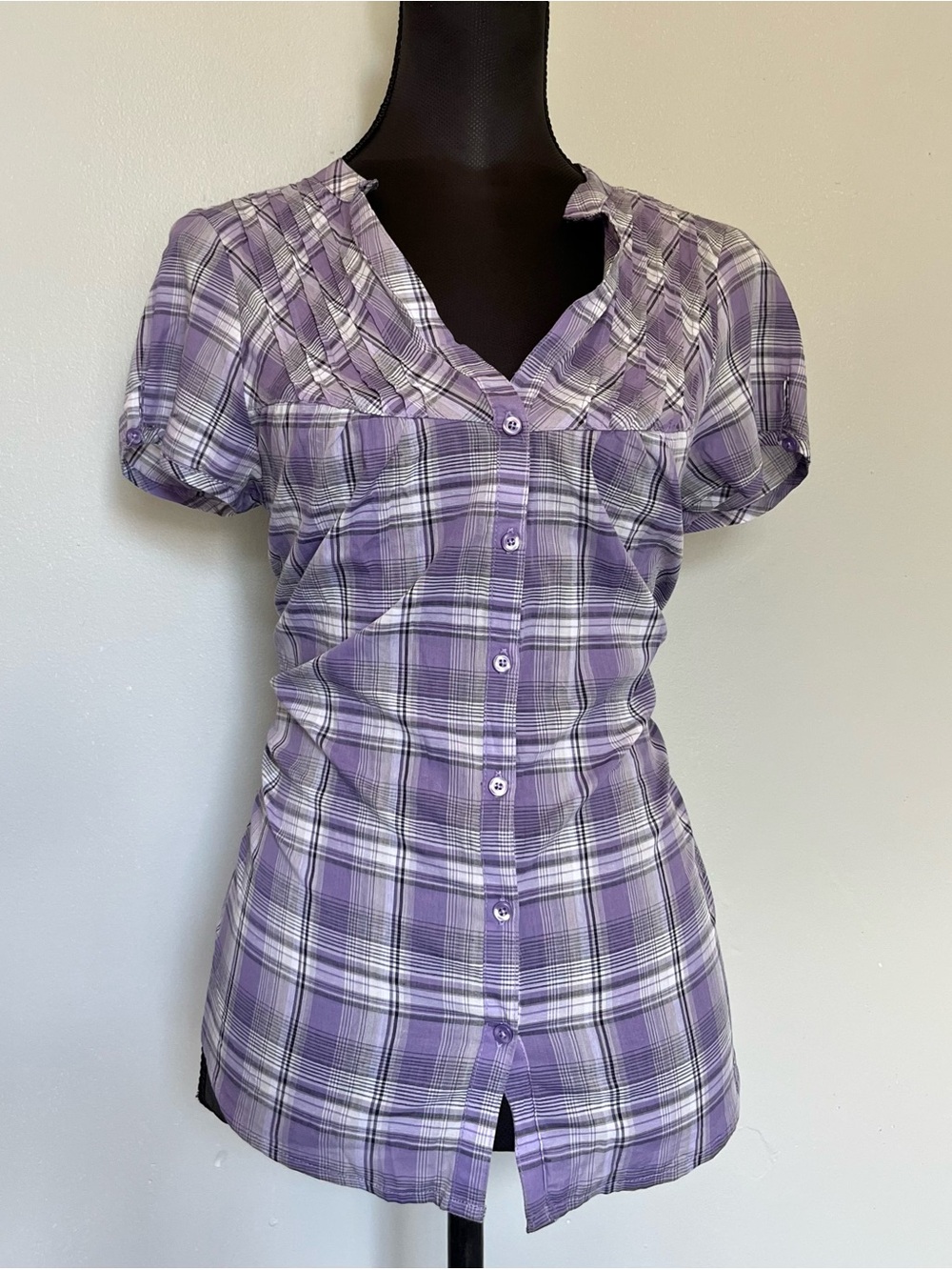 NWT Y2k purple plaid baby doll button down short sleeve